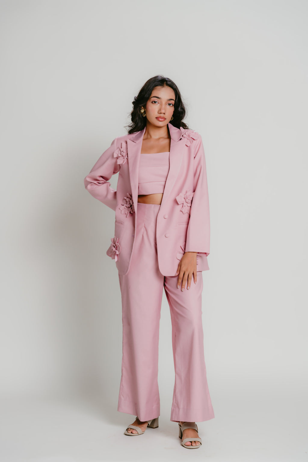 Pink blazer with 3D flower details