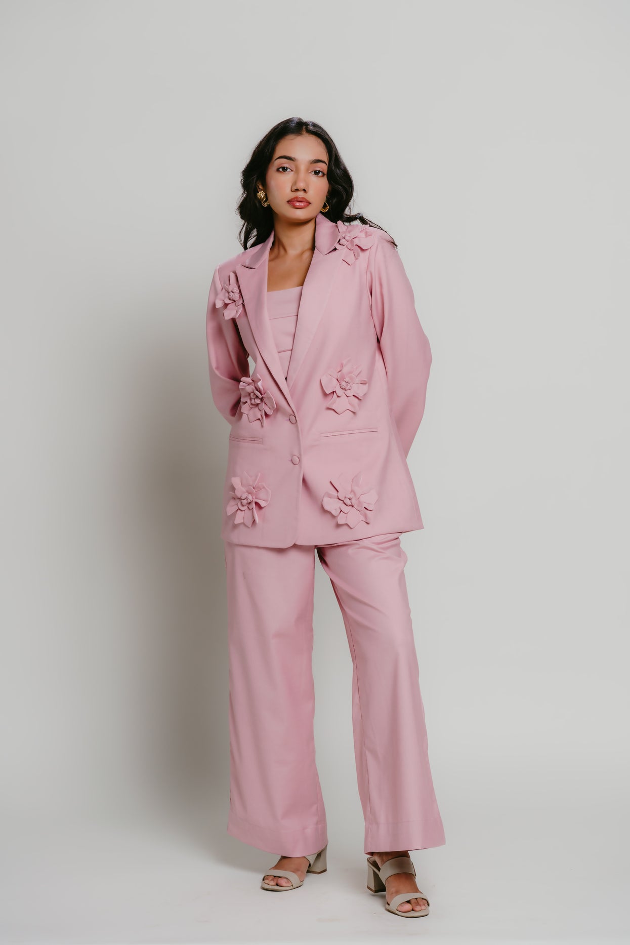 Pink tailored suit with 3D flower details