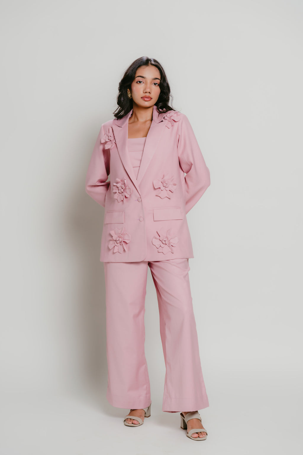 Pink blazer with 3D flower details