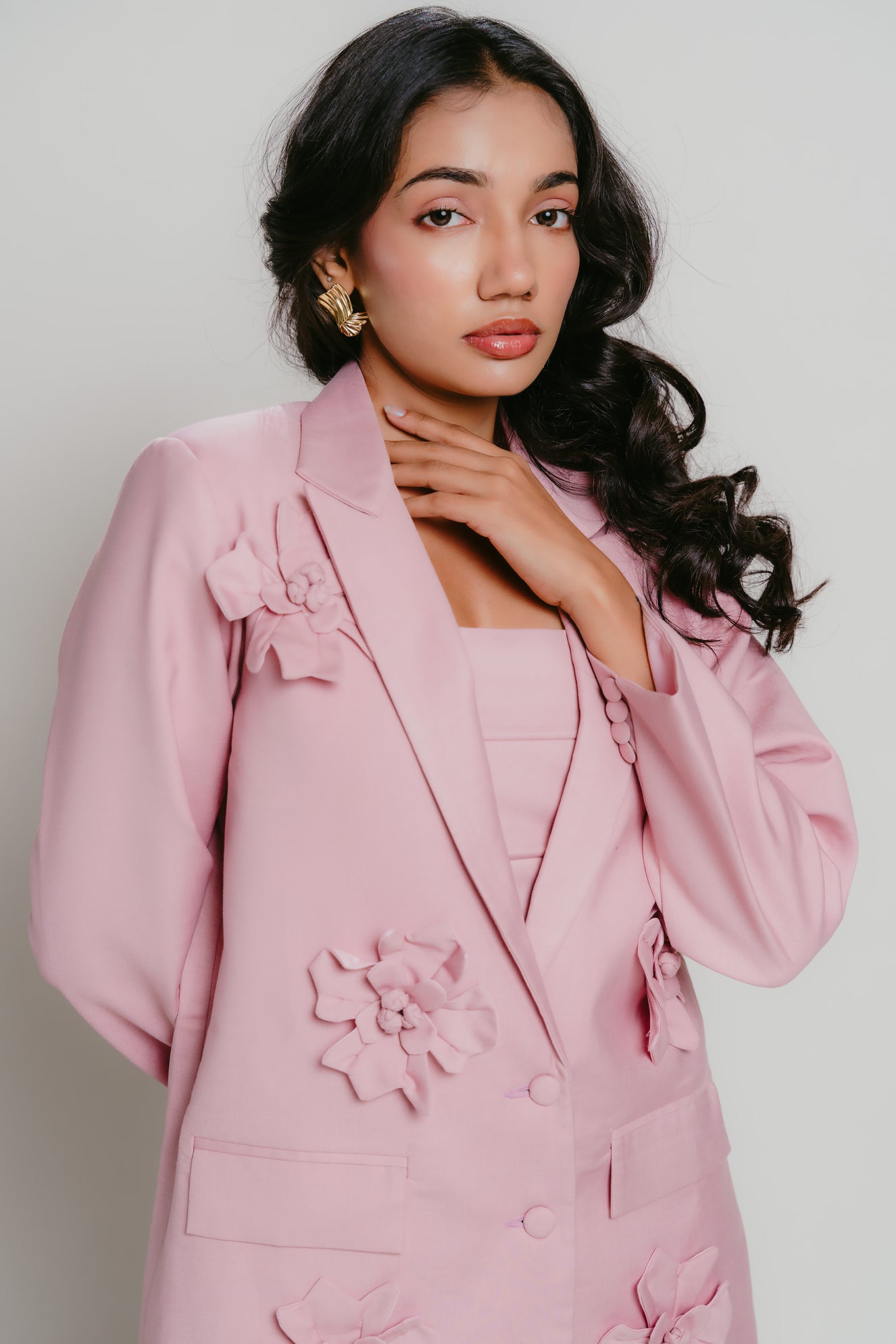 Pink blazer with 3D flower details