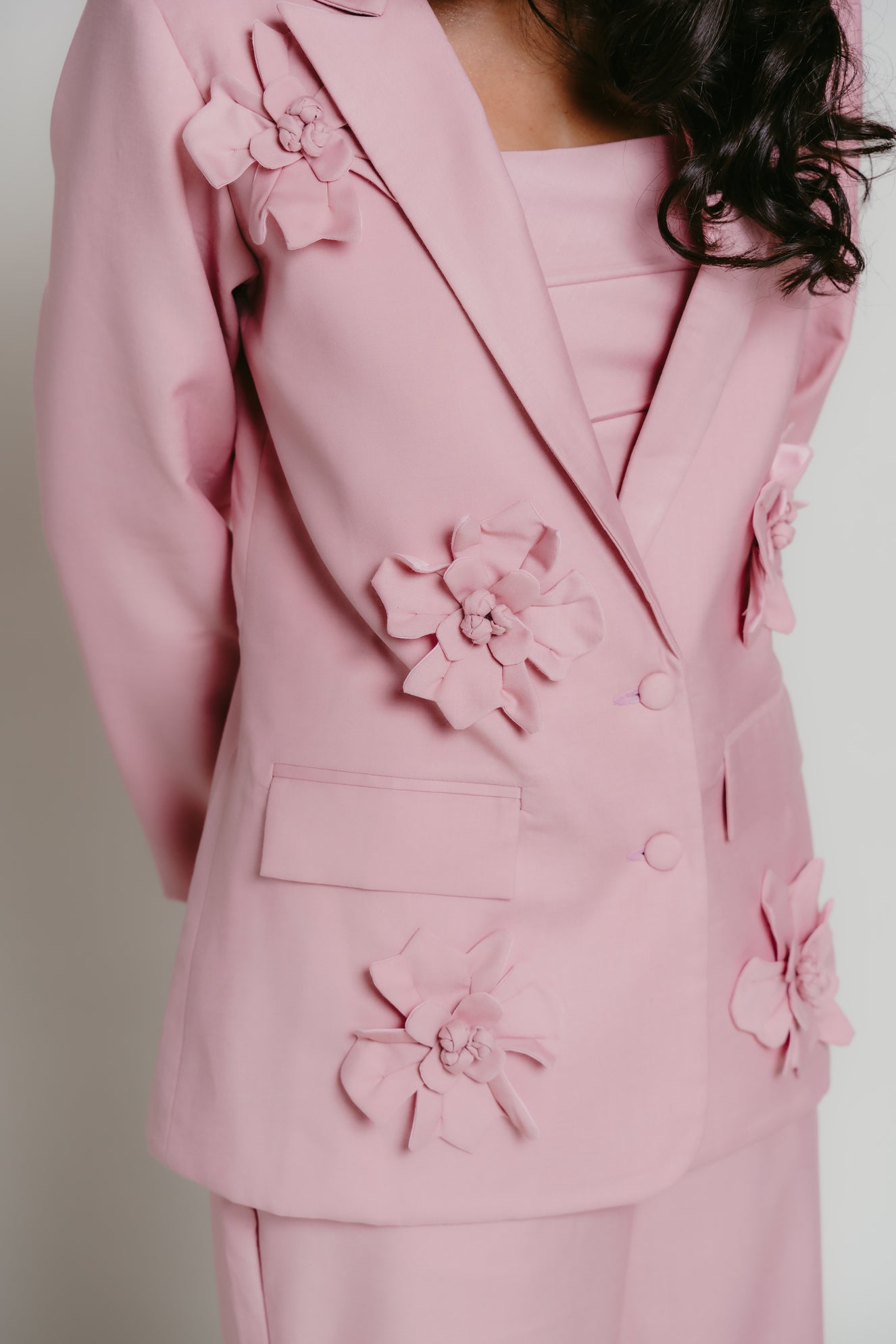 Pink blazer with 3D flower details