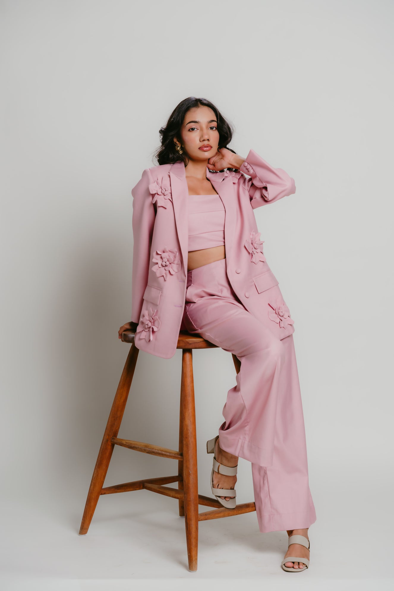 Pink blazer with 3D flower details