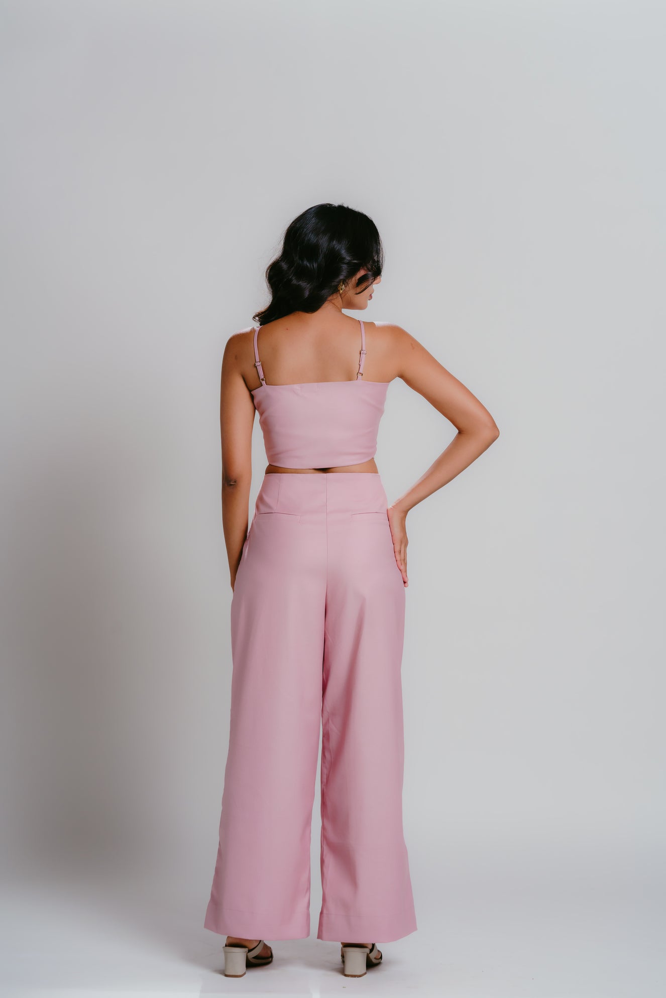 Pleated pink crop top with matching pink pants