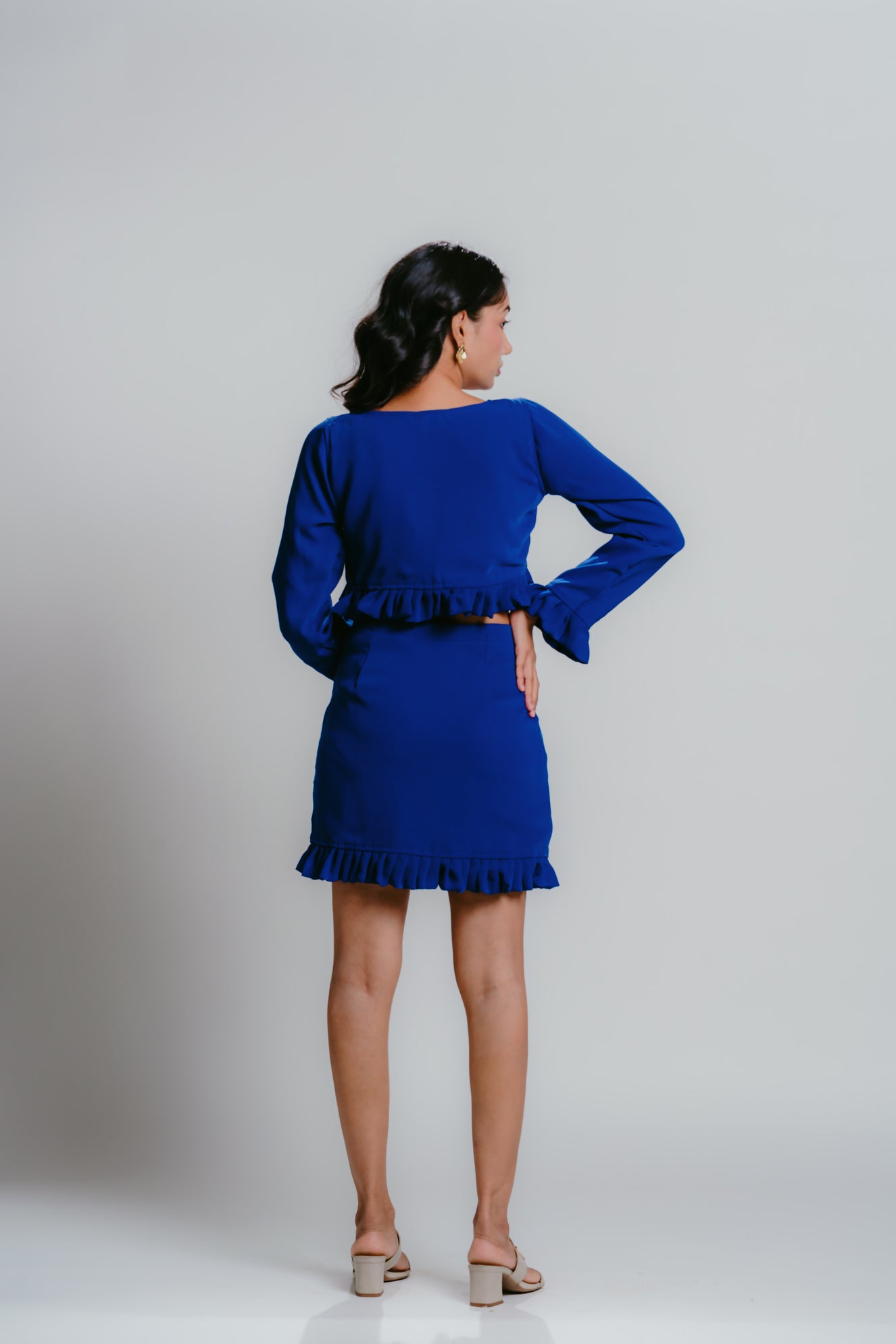 Blue smock crop top with pleats and tie-up details