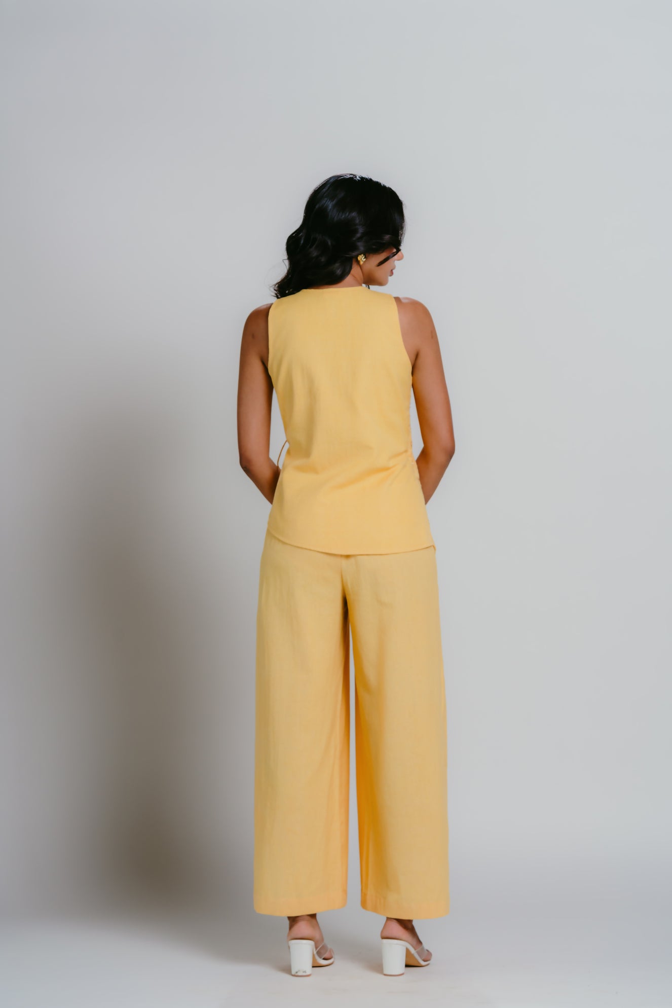 Yellow embroidered tie-up vest with matching pants