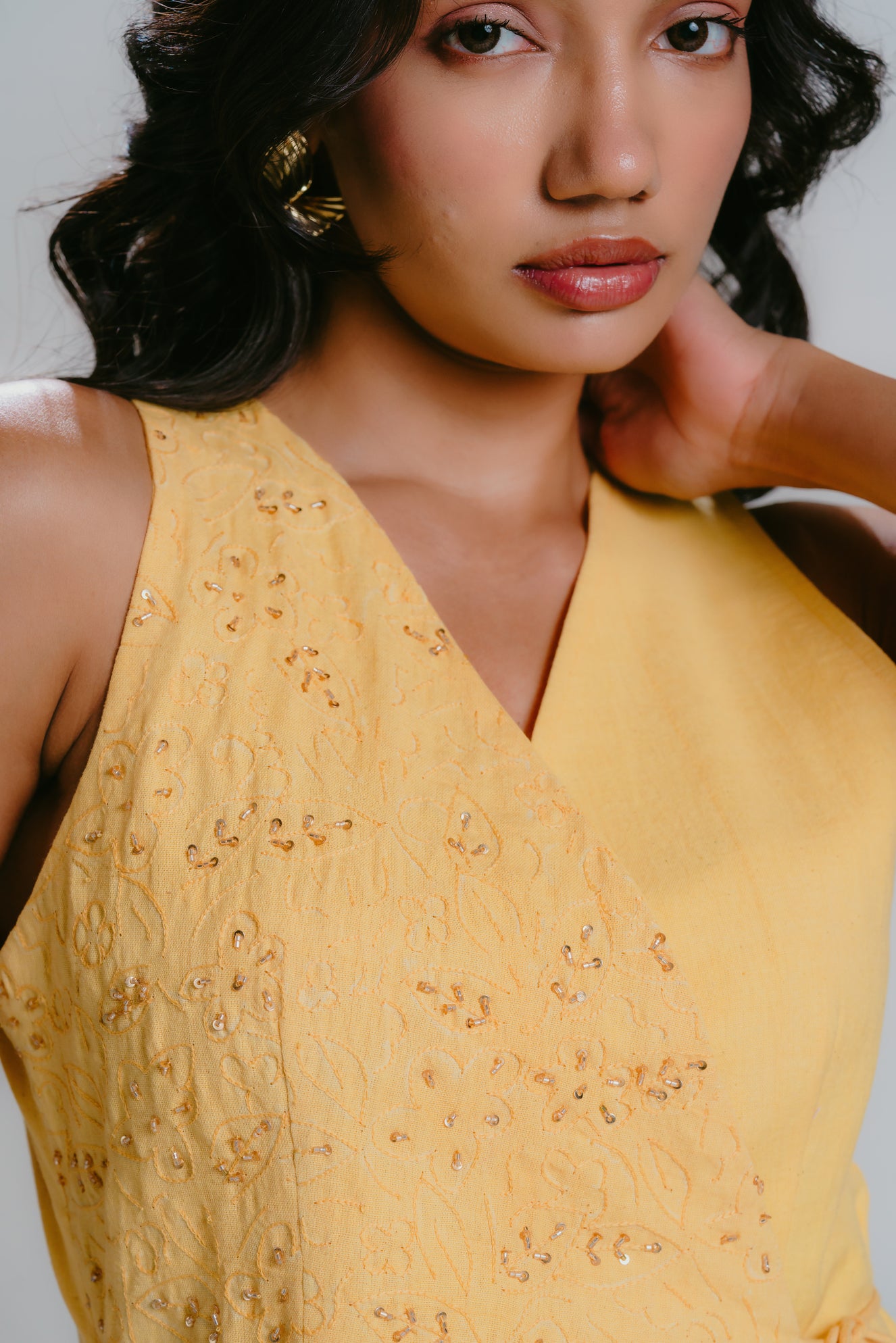 Yellow embroidered tie-up vest