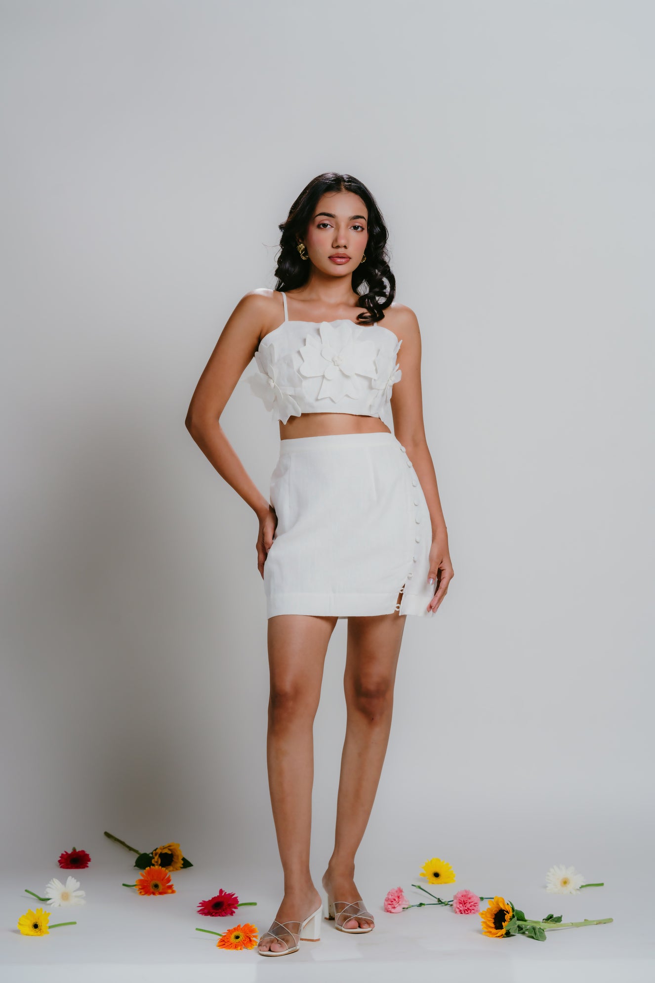 White linen top with 3D flower details