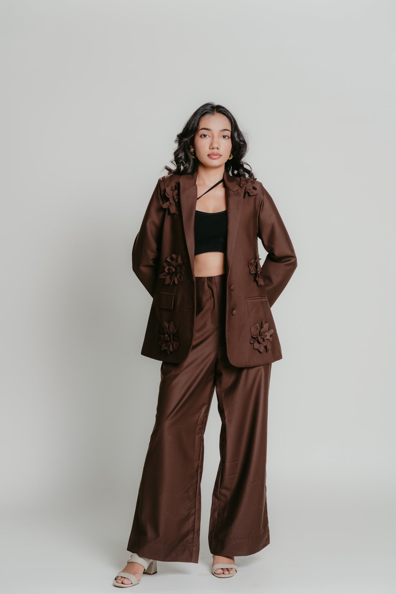 Brown blazer with 3D flower details