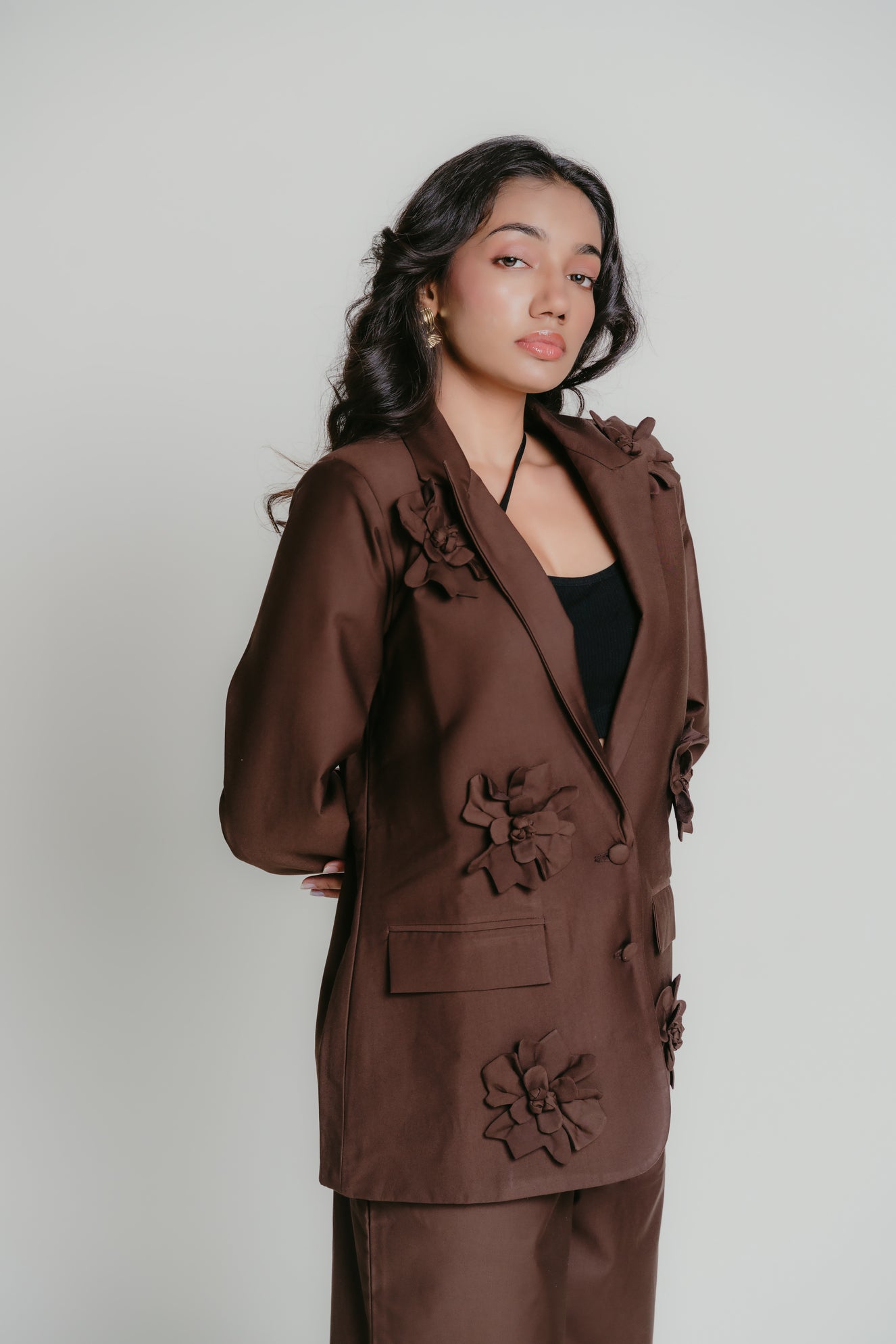Brown blazer with 3D flower details
