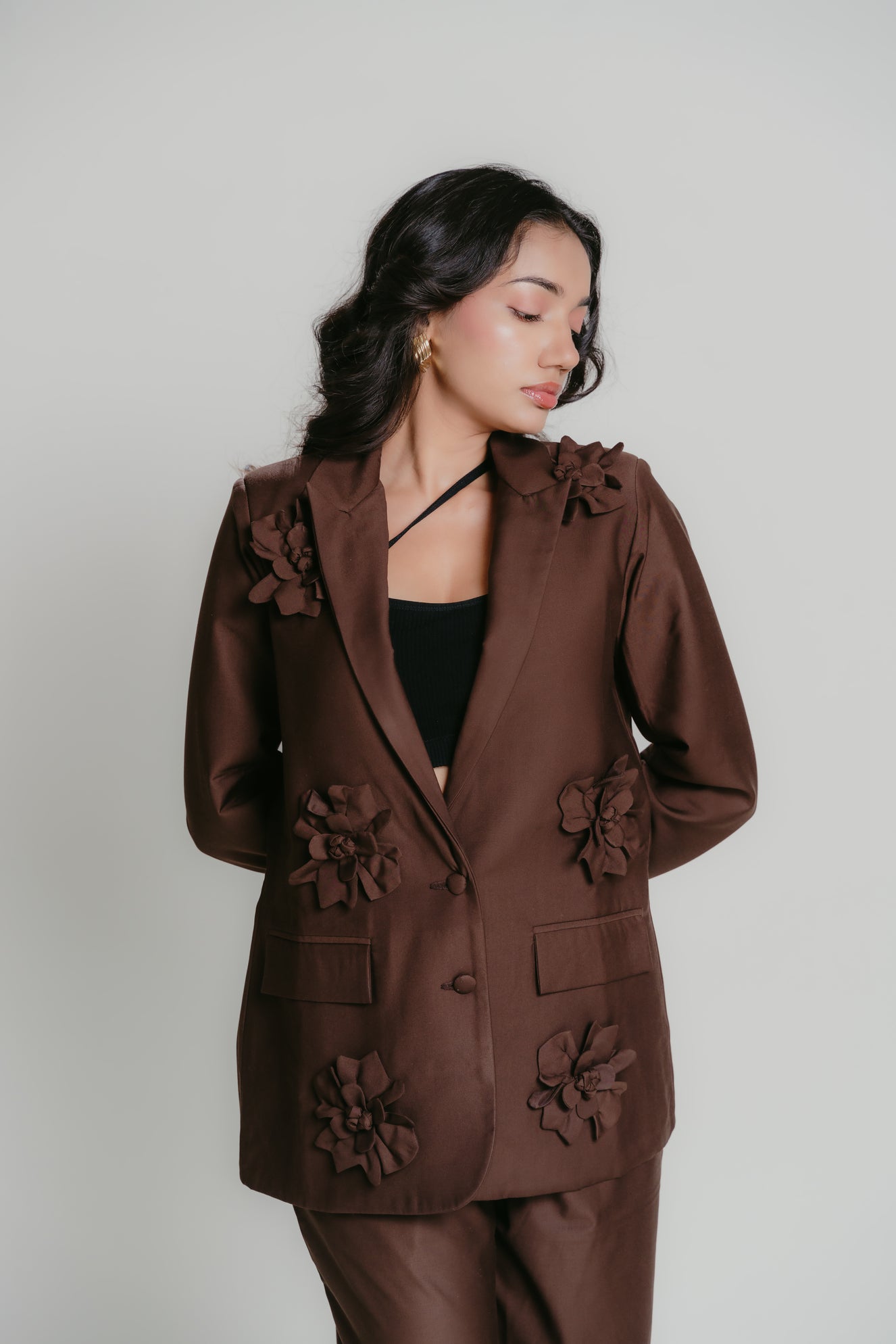 Brown blazer with 3D flower details