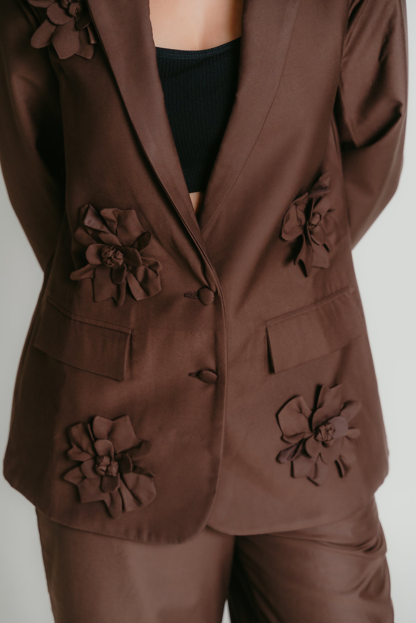 Brown blazer with 3D flower details