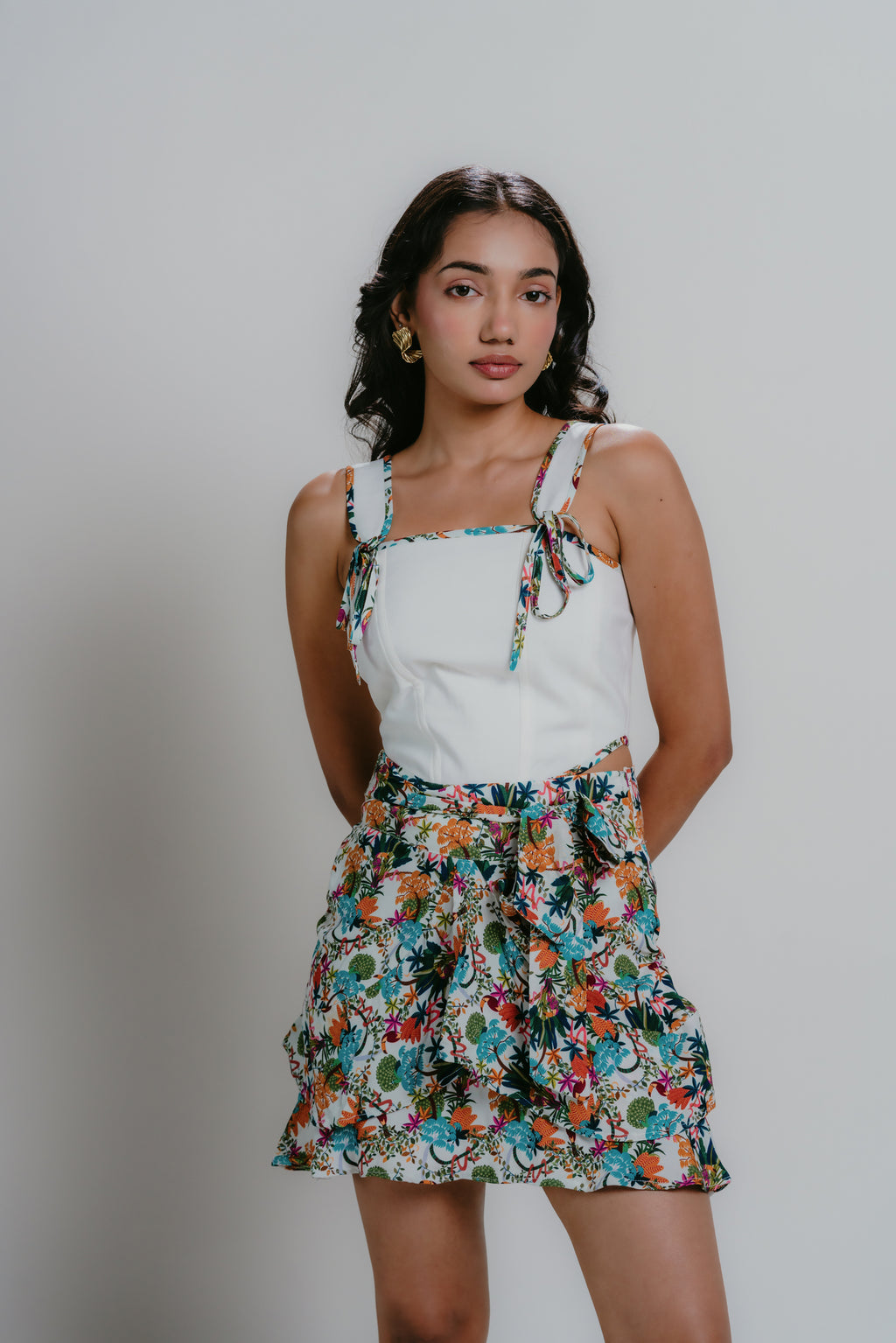 Colorful printed skirt with tie-up in front with matching corset