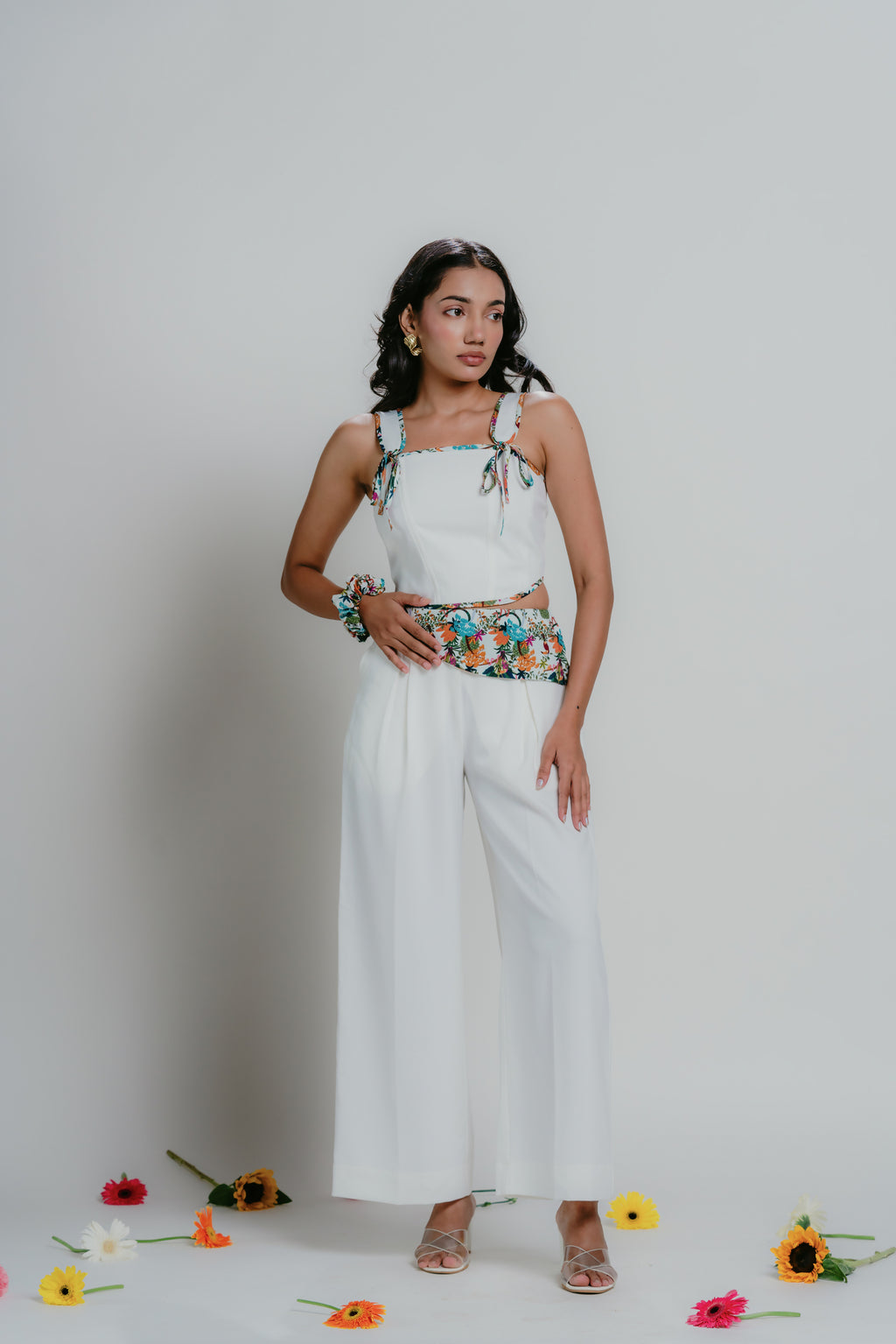 White pants with print detail