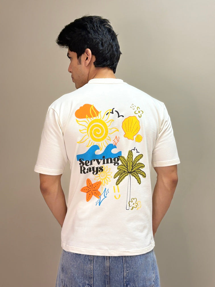 Unisex white t-shirt with graphics and puff printing on the back 